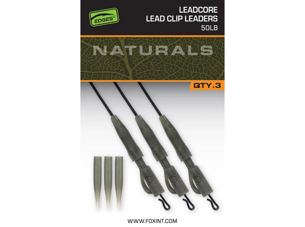 Fox&#x20;Mont&#x00E1;&#x017E;&#x20;Edges&#x20;Naturals&#x20;Leadcore&#x20;Power&#x20;Grip&#x20;Lead&#x20;Clip&#x20;Leaders&#x20;50lb,&#x20;3ks