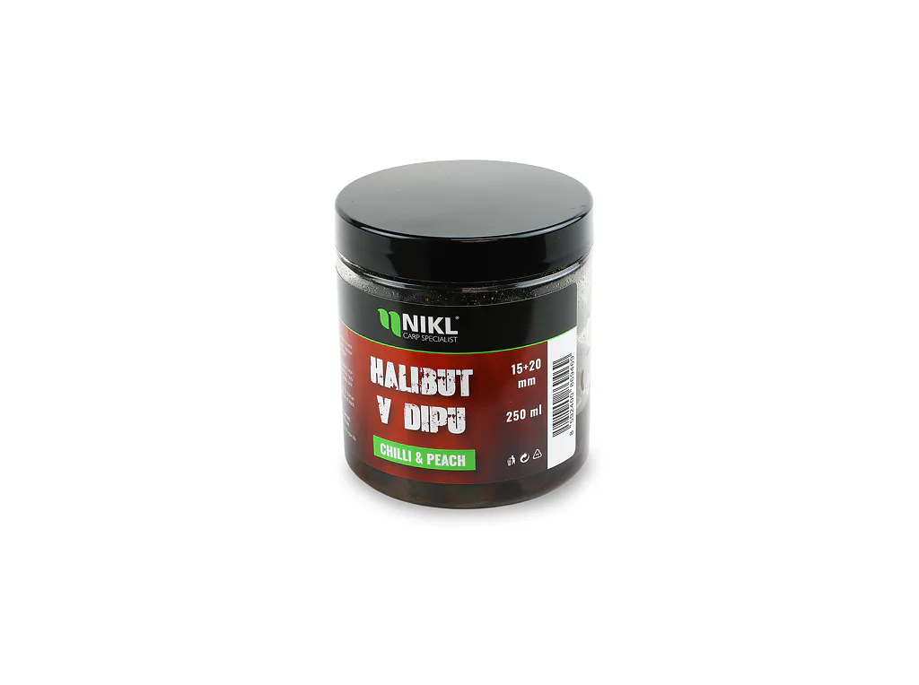 Nikl&#x20;Black&#x20;halibut&#x20;pelety&#x20;v&#x20;dipu&#x20;Chilli&#x20;&amp;&#x20;Peach&#x20;15&#x2B;20mm,&#x20;250ml