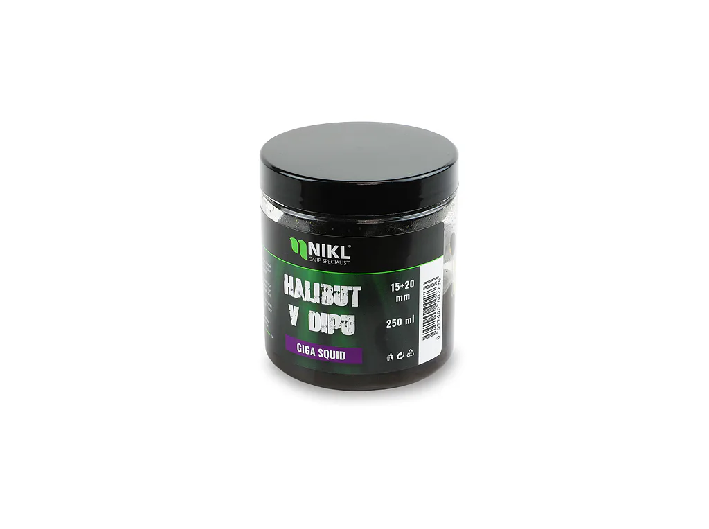 Nikl&#x20;Black&#x20;halibut&#x20;pelety&#x20;v&#x20;dipu&#x20;Giga&#x20;Squid&#x20;15&#x2B;20mm,&#x20;250ml