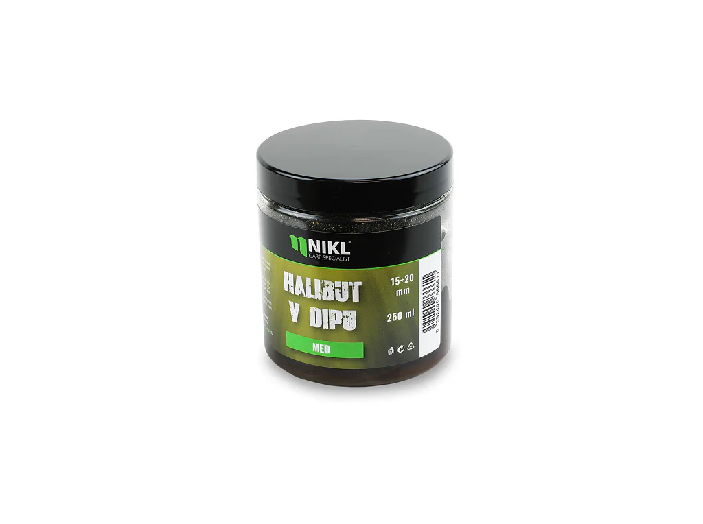 Nikl&#x20;Black&#x20;halibut&#x20;pelety&#x20;v&#x20;dipu&#x20;Med&#x20;15&#x2B;20mm,&#x20;250ml