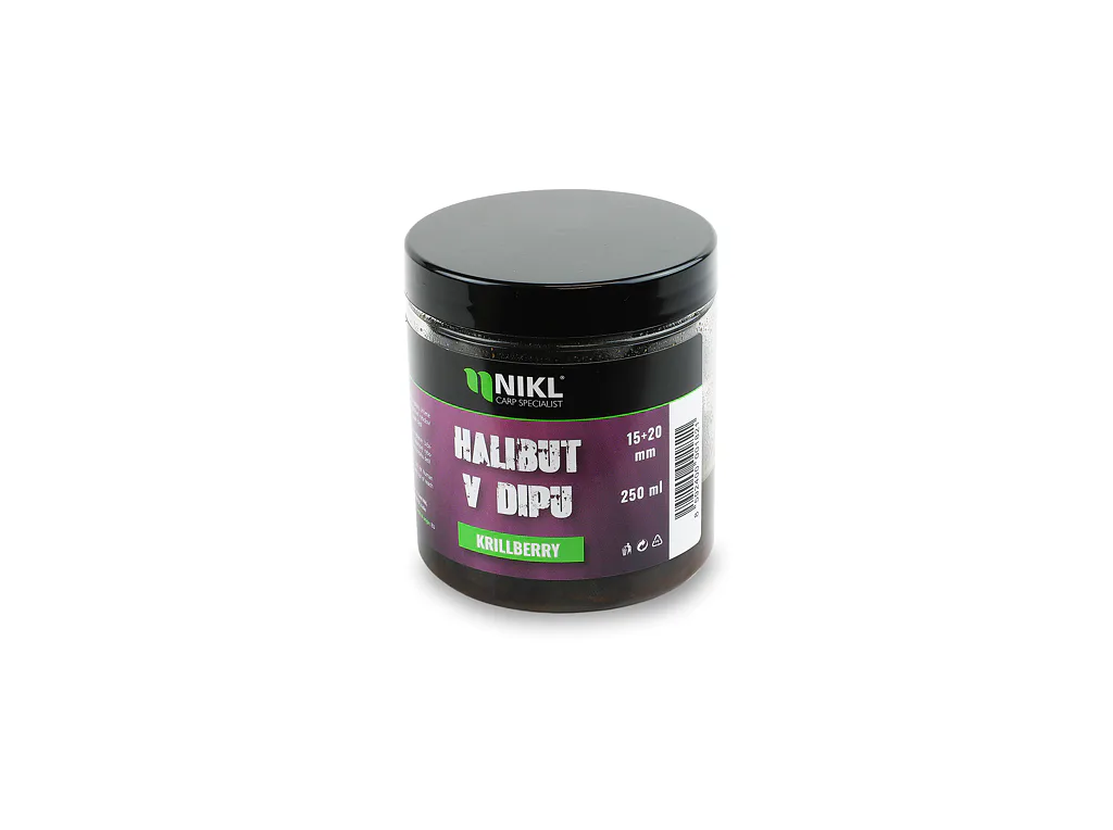 Nikl&#x20;Black&#x20;halibut&#x20;pelety&#x20;v&#x20;dipu&#x20;Krill&#x20;Berry&#x20;15&#x2B;20mm,&#x20;250ml