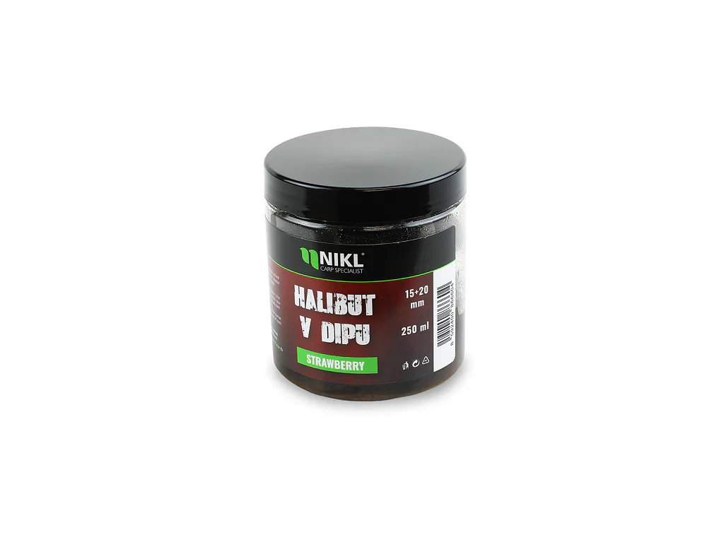 Nikl&#x20;Black&#x20;halibut&#x20;pelety&#x20;v&#x20;dipu&#x20;Strawberry&#x20;15&#x2B;20mm,&#x20;250ml